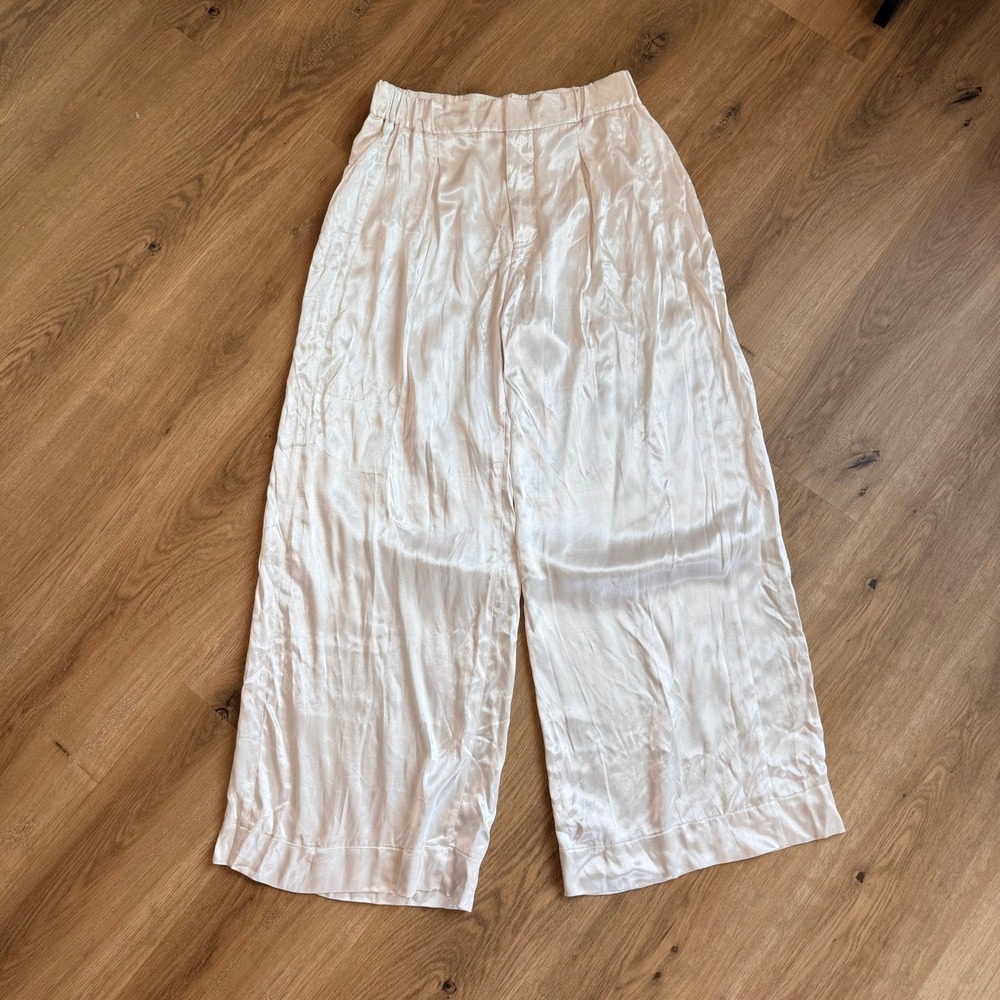 Free People Cream Satin Wide Leg Pleated Trousers Pants Size S OB1083362